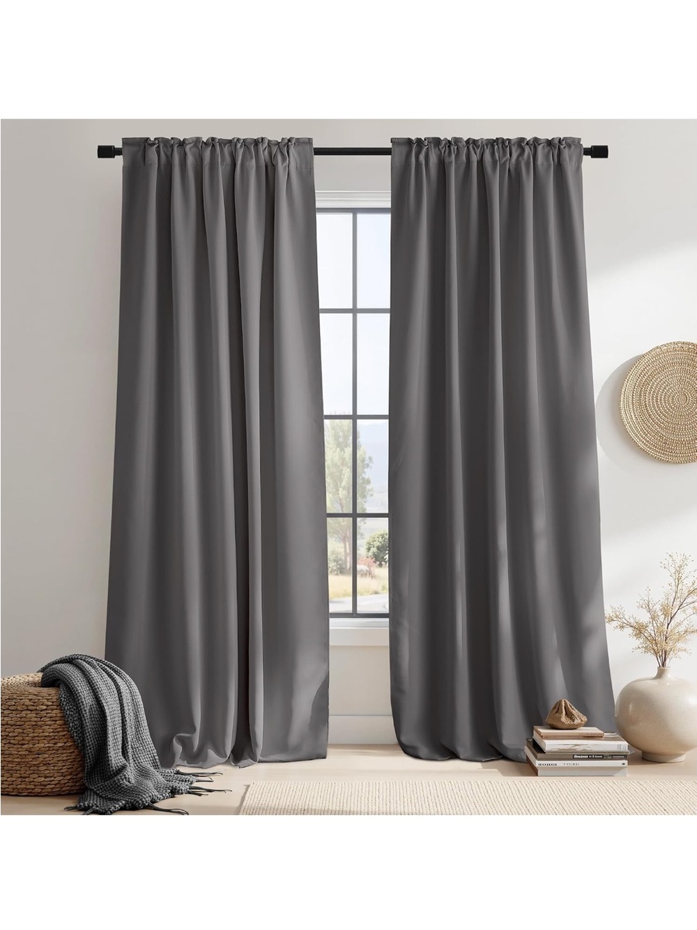 2 Panels Gray Rod Pocket Blackout Curtains 52x84